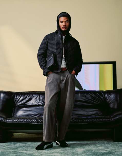 ASOS DESIGN boxy wool blend overshirt with cord collar in black check - view 1