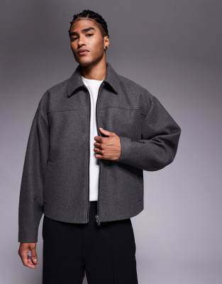 Asos Design Boxy Wool Look Harrington Jacket In Gray