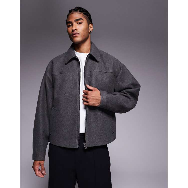 ASOS DESIGN boxy wool look harrington jacket in charcoal | ASOS