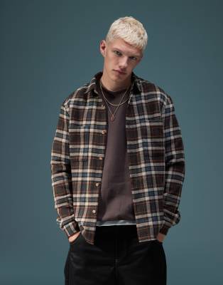 Asos Design Boxy Wool Look Shirt In Brown Check