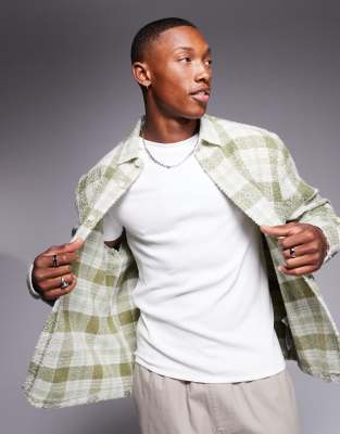 ASOS DESIGN ASOS DESIGN boxy wool look shirt in sage check-Green