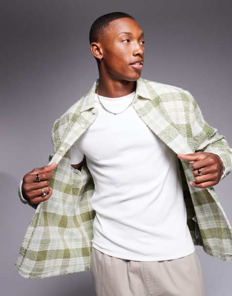 ASOS DESIGN boxy wool look shirt in sage check - view 1