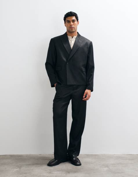 ASOS DESIGN boxy wrap suit jacket in black denim look - view 1