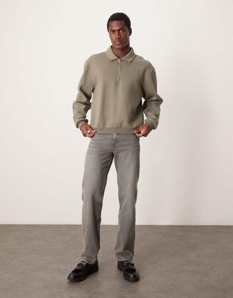 ASOS DESIGN boxy zip collar sweatshirt in khaki - view 1