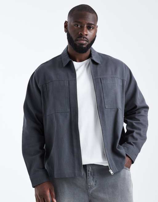 ASOS DESIGN boxy zip through overshirt in washed black