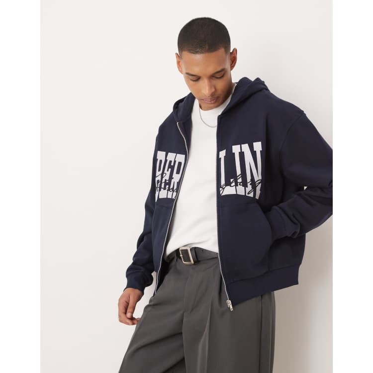 トップス size1 gadid anoniem BERNY / NAVY ASOS DESIGN boxy zip up hoodie with berlin print in navy | ASOS