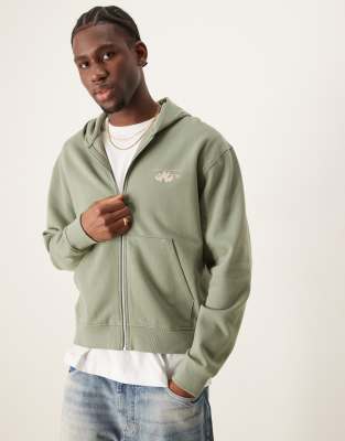 Asos Design Boxy Zip Up Hoodie With Chest And Back Print In Green