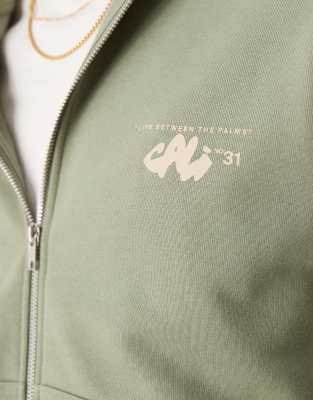 Asos Design Boxy Zip Up Hoodie With Chest And Back Print In Green