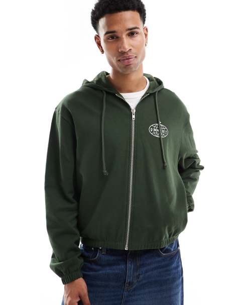 ASOS DESIGN boxy zip up hoodie with chest print in green - view 1