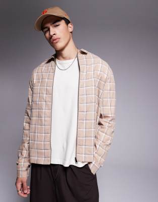 Asos Design Boxy Zip Up Overshirt In Brown