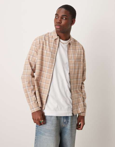 ASOS DESIGN boxy zip up overshirt in brown plaid - view 1