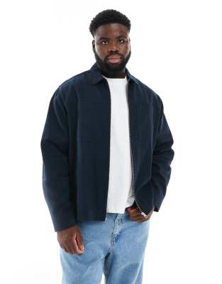 Asos Design Boxy Zip Up Overshirt In Blue