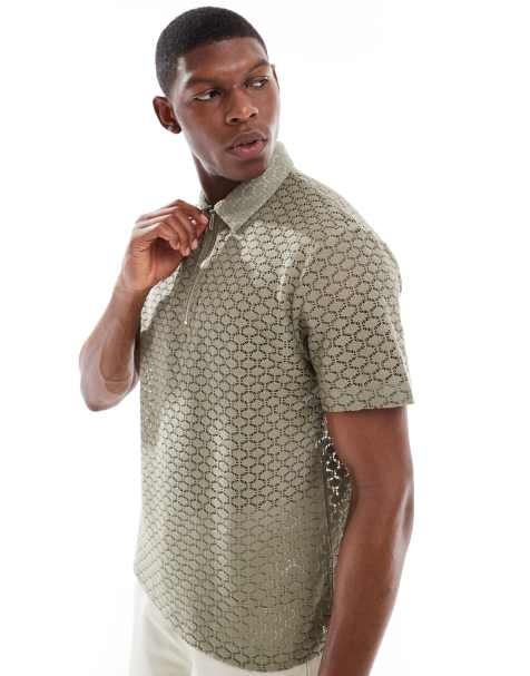 ASOS DESIGN boxy zipped polo in khaki open crochet - view 1