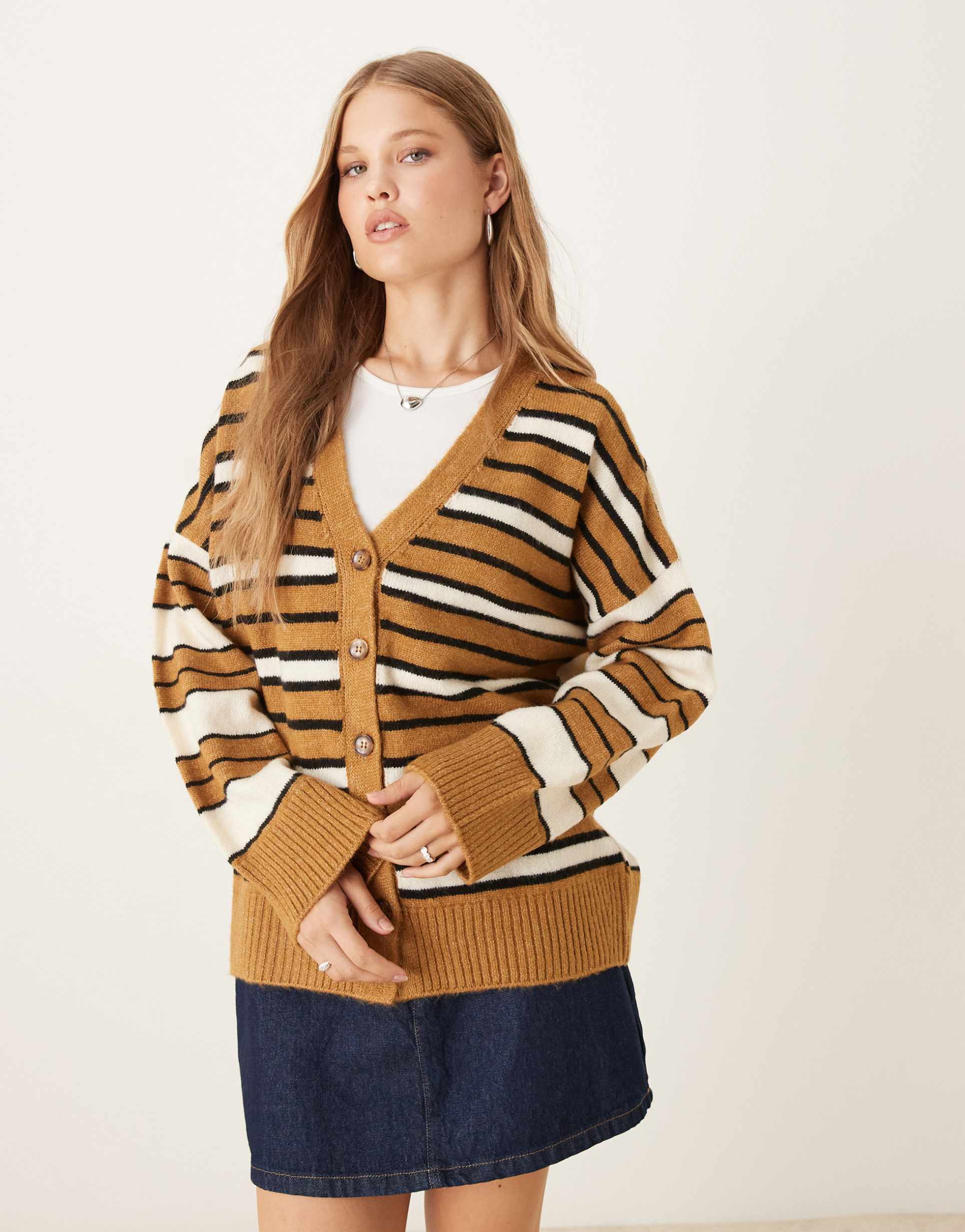 asos design boyfriend cardigan in cream and toffee stripe