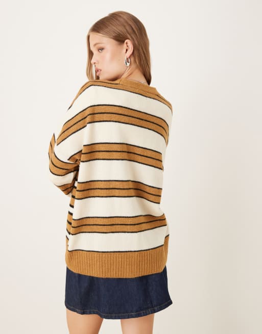 ASOS DESIGN boyfriend cardigan in cream and toffee stripe, 4 of 4
