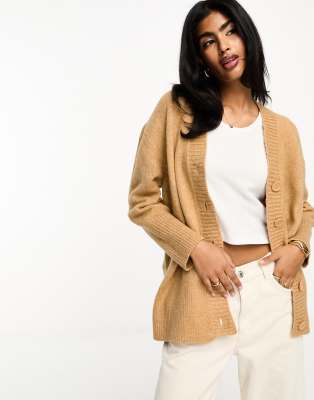 ASOS DESIGN boyfriend cardigan with button front in camel-Neutral