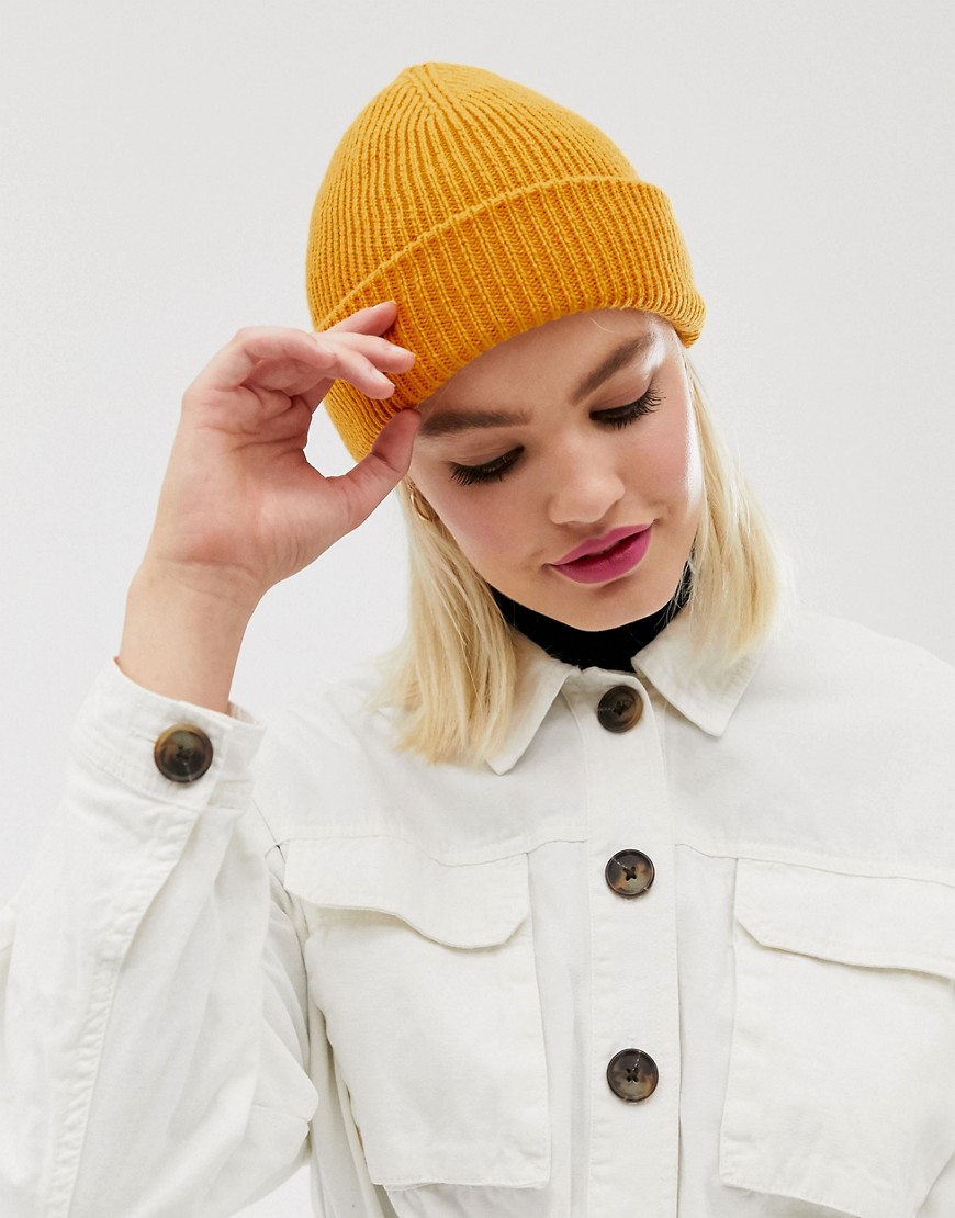ASOS DESIGN boyfriend double roll beanie hat in recycled polyester in orange-Yellow
