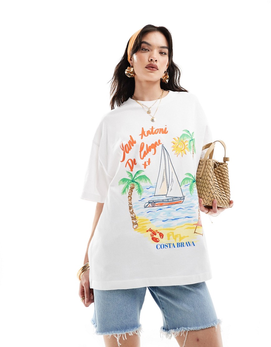 ASOS DESIGN boyfriend fit heavyweight t-shirt with beach palm tree graphic in white