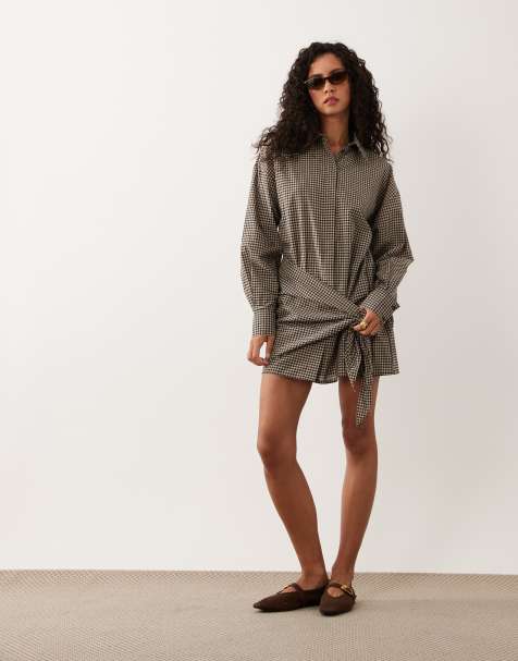 ASOS DESIGN boyfriend fit mini shirt dress with multiway scarf detail in tan plaid - view 1