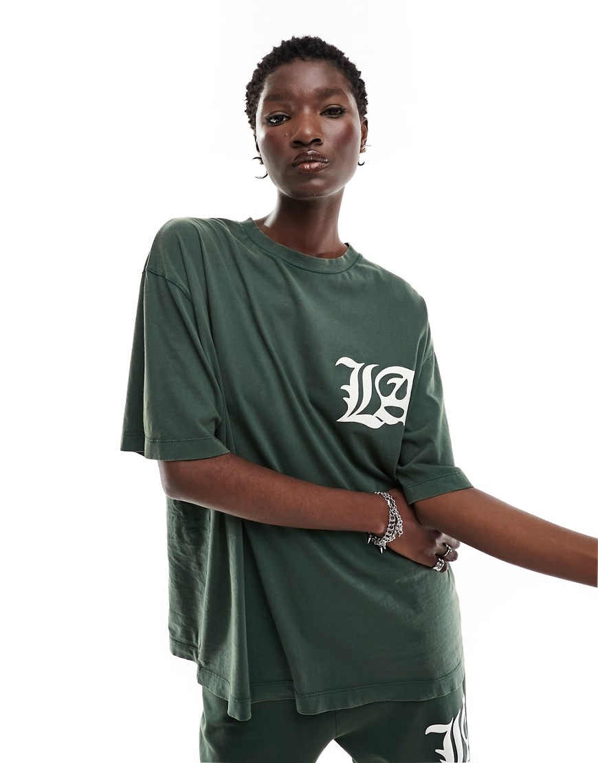 ASOS DESIGN boyfriend fit t-shirt co-ord with LA graphic in washed green