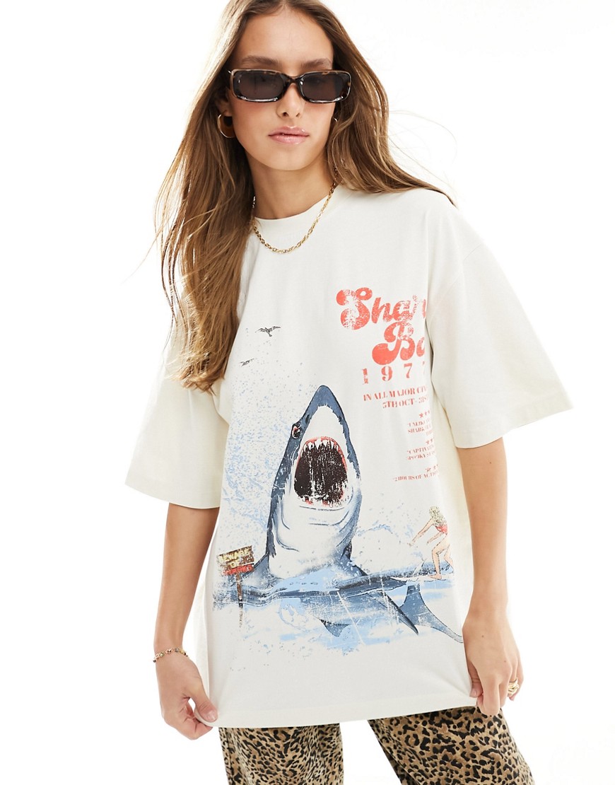 ASOS DESIGN boyfriend fit t-shirt shark graphic in cream-White