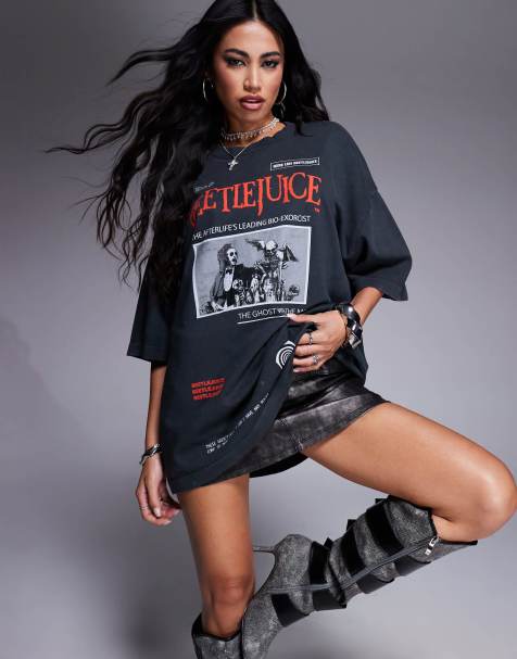 ASOS DESIGN boyfriend fit t-shirt with beetle juice graphic in washed charcoal - view 1
