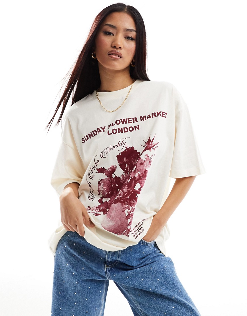Asos Design Boyfriend Fit T-shirt With Flower Market Graphic In Cream-white