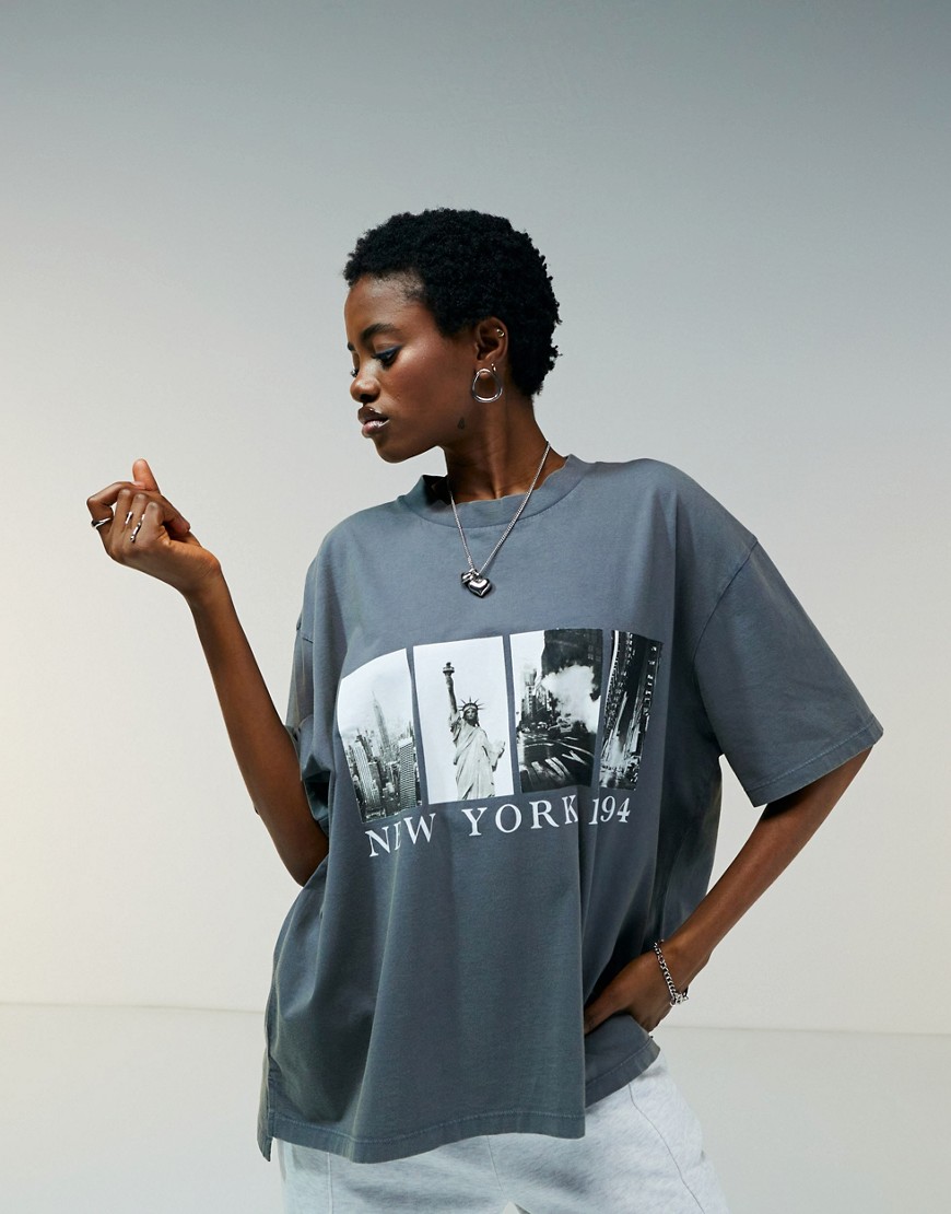 ASOS DESIGN boyfriend fit t-shirt with new york 1994 graphic in washed charcoal-Grey