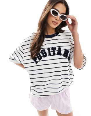 ASOS DESIGN ASOS DESIGN boyfriend fit t-shirt with positano graphic in cream stripe-Multi