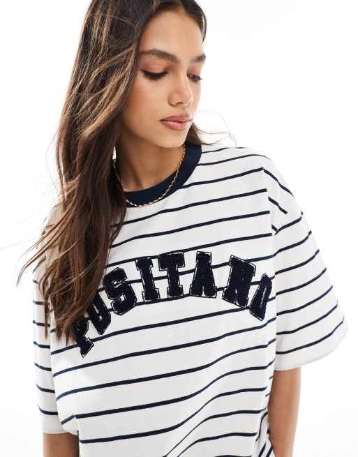 ASOS DESIGN boyfriend fit t-shirt with positano graphic in cream stripe, 4 of 4