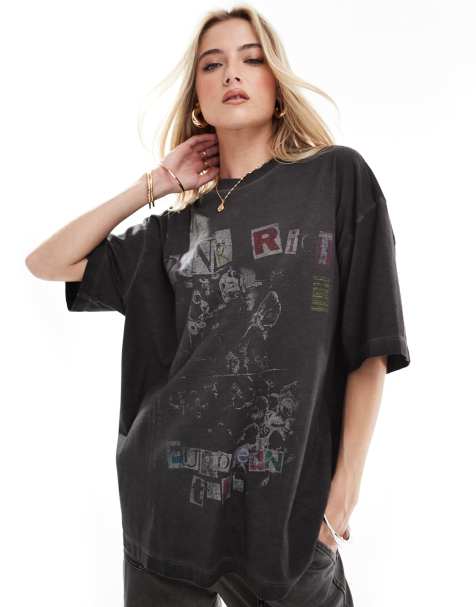 ASOS DESIGN boyfriend fit t-shirt with punk rich rock graphic in washed charcoal - view 1