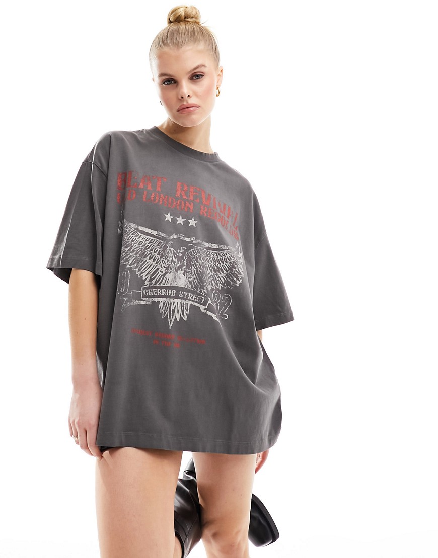 ASOS DESIGN boyfriend fit t-shirt with red rock graphic in washed charcoal-Grey