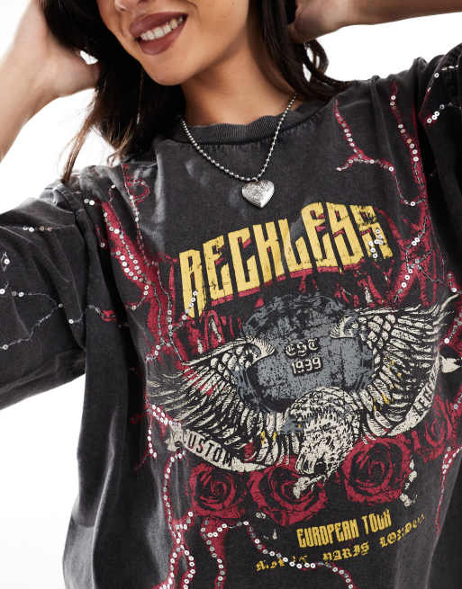ASOS DESIGN boyfriend fit t-shirt with rock sequin graphic in washed charcoal, 2 of 4