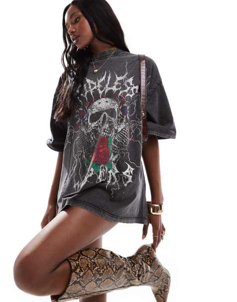 ASOS DESIGN boyfriend fit t-shirt with skull and roses rock sequin graphic in washed charcoal - view 1