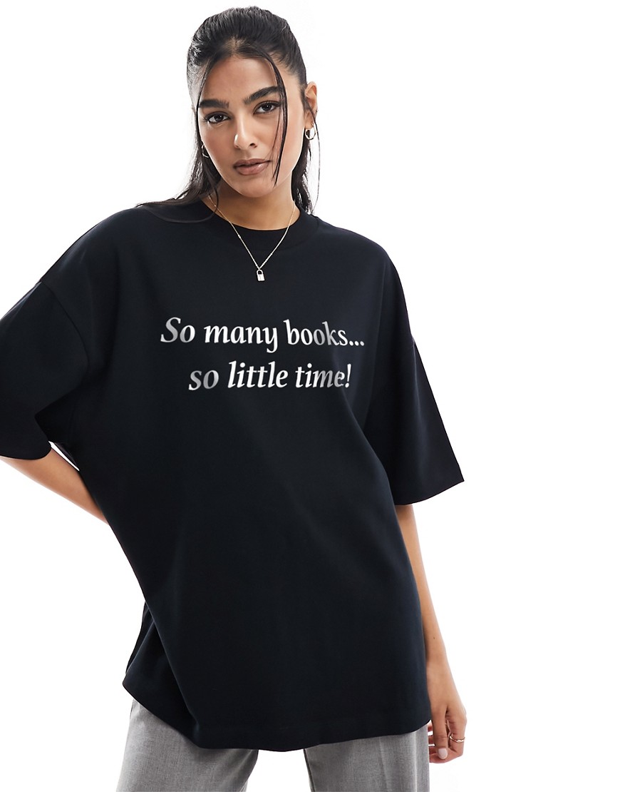 ASOS DESIGN boyfriend fit t-shirt with so many books slogan graphic in black