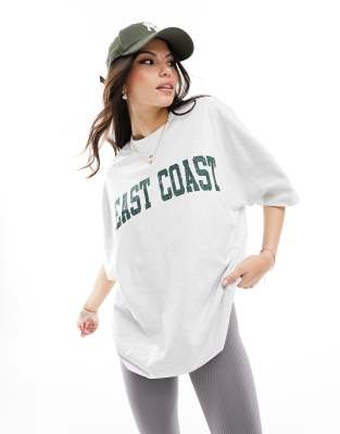 Asos Design Boyfriend Fit Tee With East Coast Graphic In Ice Heather-gray