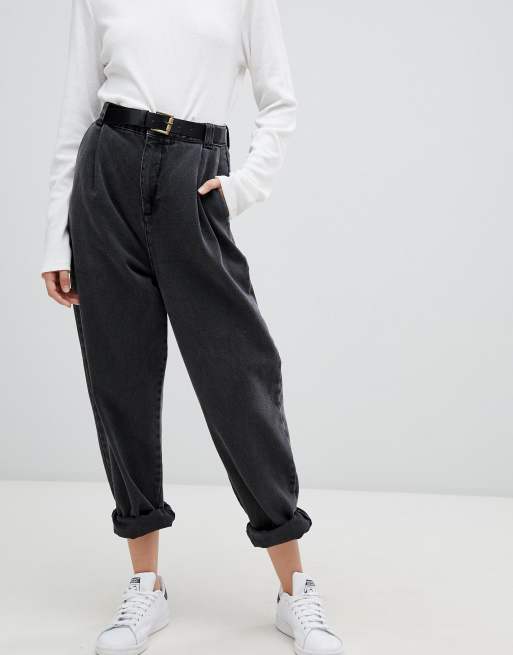 ASOS DESIGN - Boyfriend Jeans affusolati con cuciture bordate e cintura nero slavato, 4 di 4