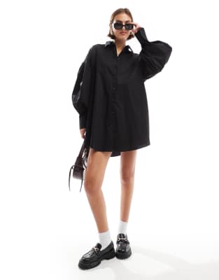 ASOS DESIGN Boyfriend Shirt Mini Dress With Blouson Sleeve In Black ASOS