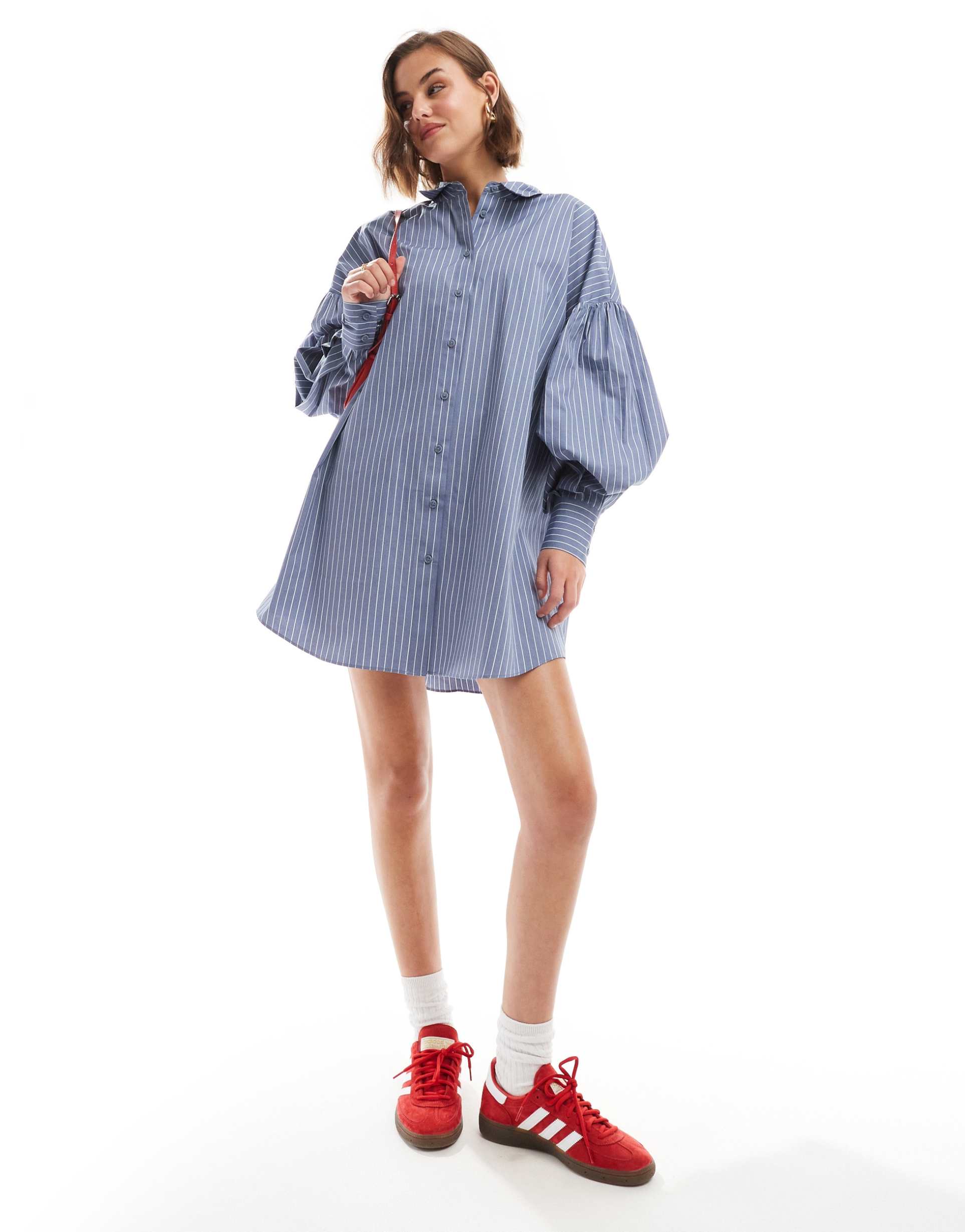 asos design boyfriend shirt mini dress with blouson sleeve in blue pinstripe