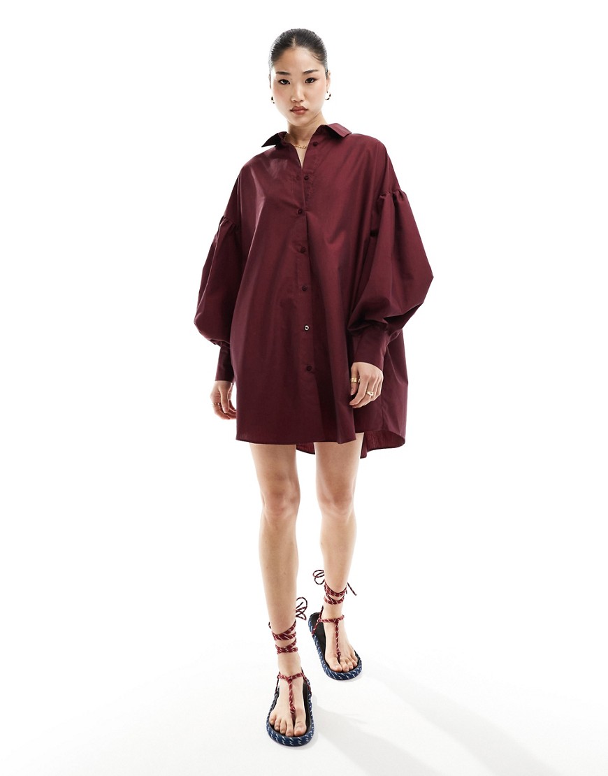 Asos Design Boyfriend Shirt Mini Dress With Blouson Sleeve In Burgundy-red