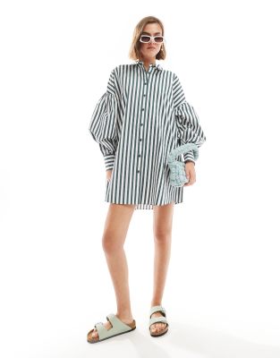 ASOS DESIGN boyfriend shirt mini dress with blouson sleeve in green stripe-Multi