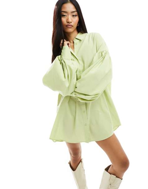 ASOS DESIGN boyfriend shirt mini dress with blouson sleeve in green - view 1