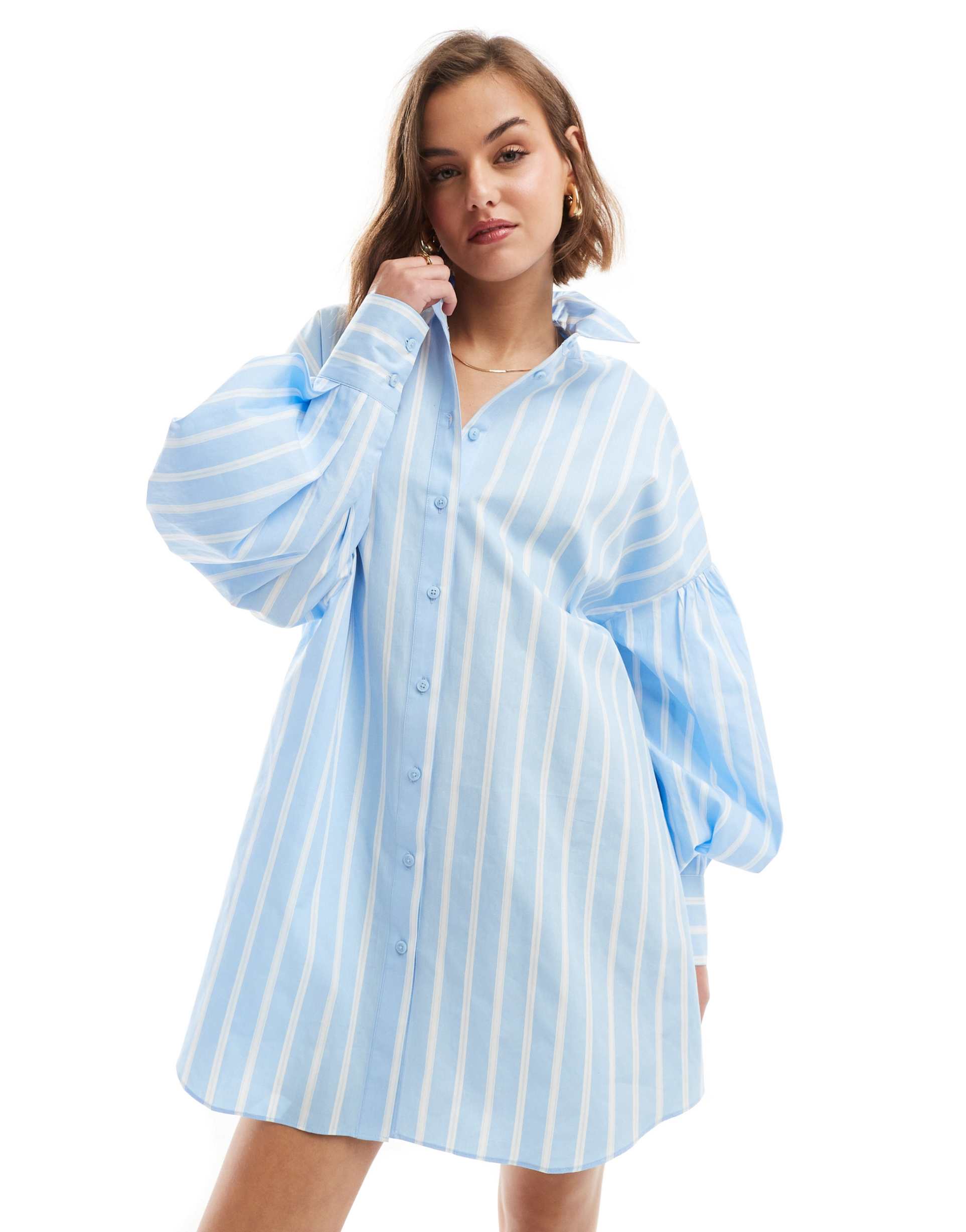 asos design boyfriend shirt mini dress with blouson sleeve in light blue & white stripe