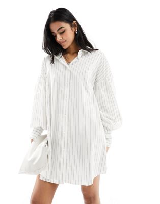 ASOS DESIGN boyfriend shirt mini dress with blouson sleeve in mono stripe