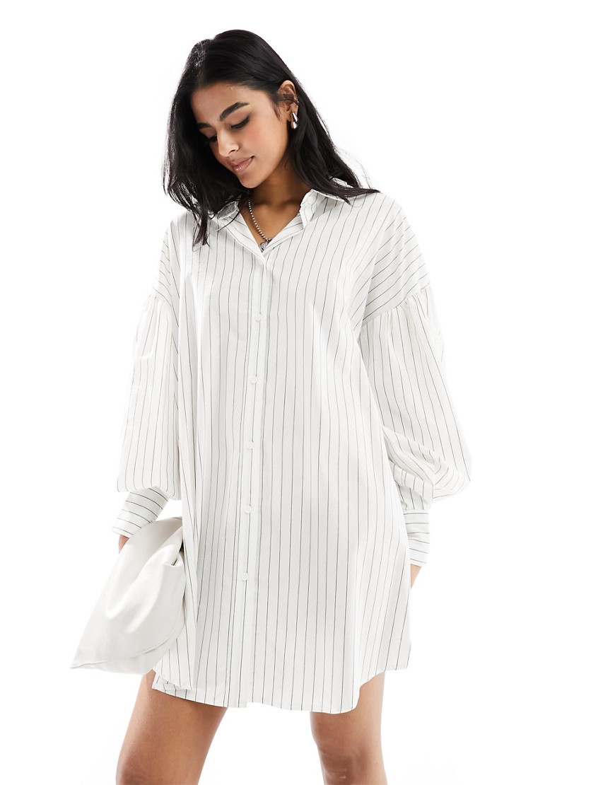 ASOS DESIGN boyfriend shirt mini dress with blouson sleeve in mono stripe-Multi