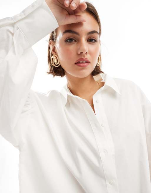 ASOS DESIGN boyfriend shirt mini dress with blouson sleeve in white, 2 of 4