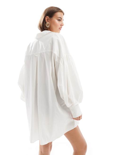 ASOS DESIGN boyfriend shirt mini dress with blouson sleeve in white, 3 of 4