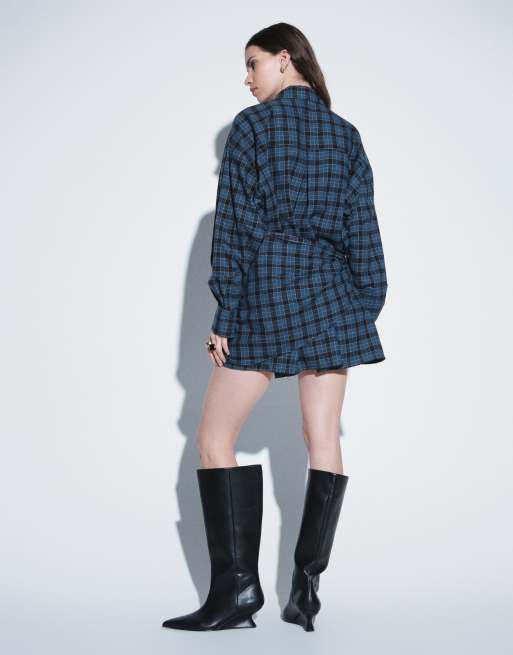 ASOS DESIGN boyfriend shirt mini dress with multiway scarf detail in navy check, 2 of 4