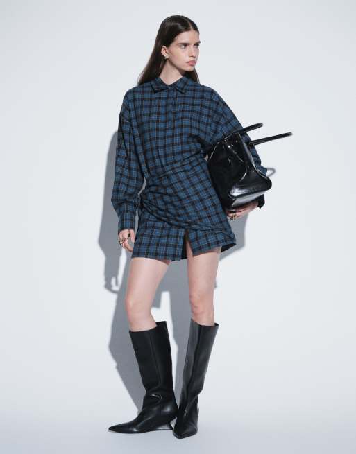 ASOS DESIGN boyfriend shirt mini dress with multiway scarf detail in navy check, 3 of 4