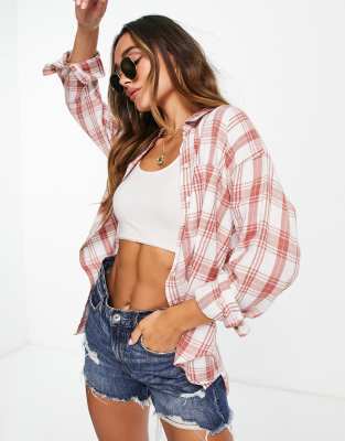 ASOS DESIGN boyfriend shirt with dip hem and pocket in red and ivory check-Multi